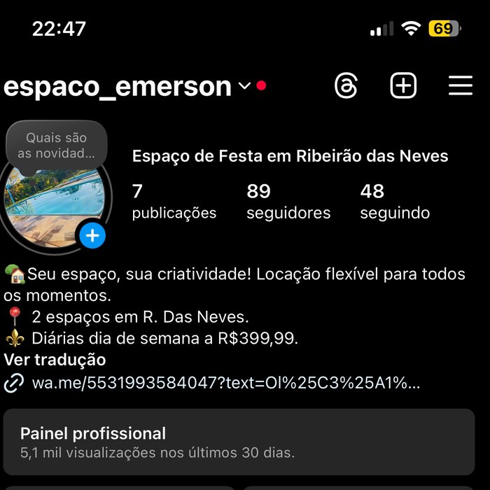 Perfil Espaço Emerson antes: 89 seguidores
